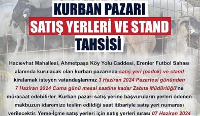 Malkara Belediye: Kurban bayramı nedeniyle Kurban Pazarı Hacıevhat Mahallesi Ahmetpaşa Köy Yolu Caddesi Erenler Futbol Sahası alanında kurulacaktır