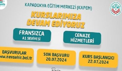 Nevşehir Belediyesi Kapadokya Eğitim Merkezi (KAPEM)’de açılacak olan Fransızca A1 ve Cenaze Hizmetleri kursları için kayıtlar başladı